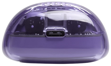 Zamknięte, przezroczyste, fioletowe etui ładujące do słuchawek JBL, pokazujące port ładowania.