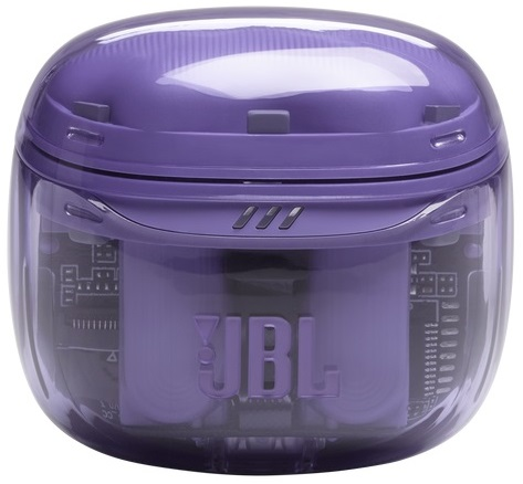 Fioletowe etui na słuchawki JBL. Etui jest przezroczyste, ujawniając wewnętrzne elementy.