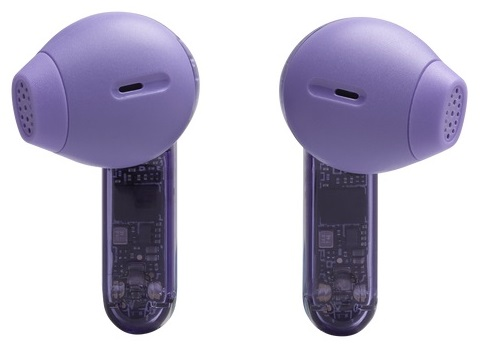 Dwa fioletowe słuchawki JBL. Każdy ma przezroczysty trzpień i jest kątowy do umieszczenia w uchu.