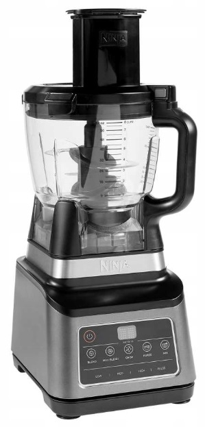 Robot kuchenny Ninja. Góra jest przezroczysta z ostrzem. Podstawa jest srebrna i czarna.