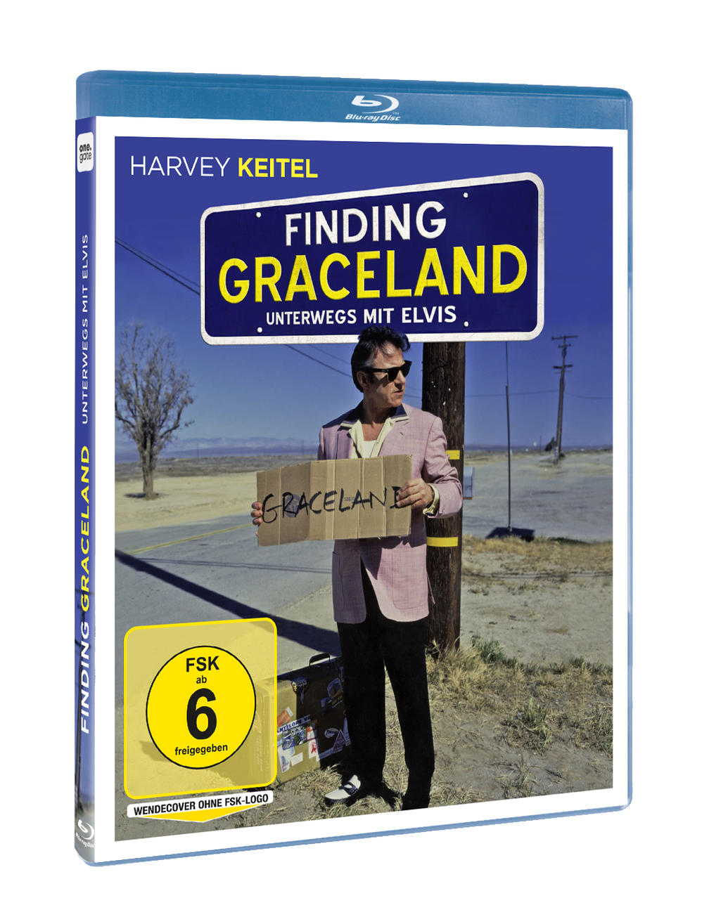 DVD-Hülle mit Harvey Keitel, der ein Schild hält. Blauer Einband mit dem Titel 'Finding Graceland'.