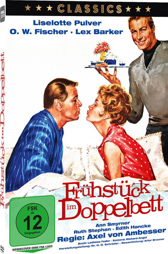Filmcover mit küssendem Paar im Bett. Der Titel lautet "Frühstück im Doppelbett".