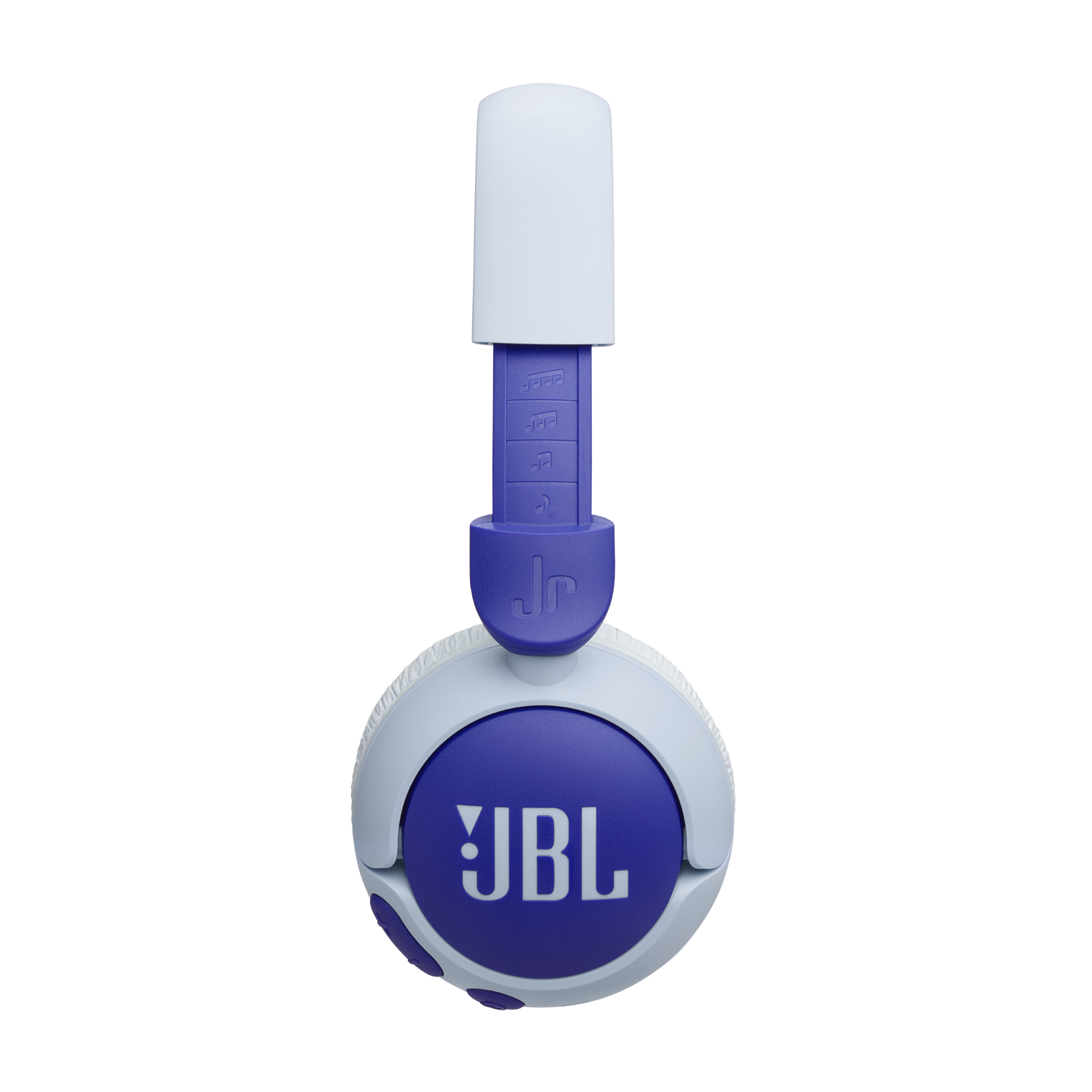 Mor ve beyaz JBL Jr. kulaklıklar. Kulaklıklar açık ve öne bakıyor.