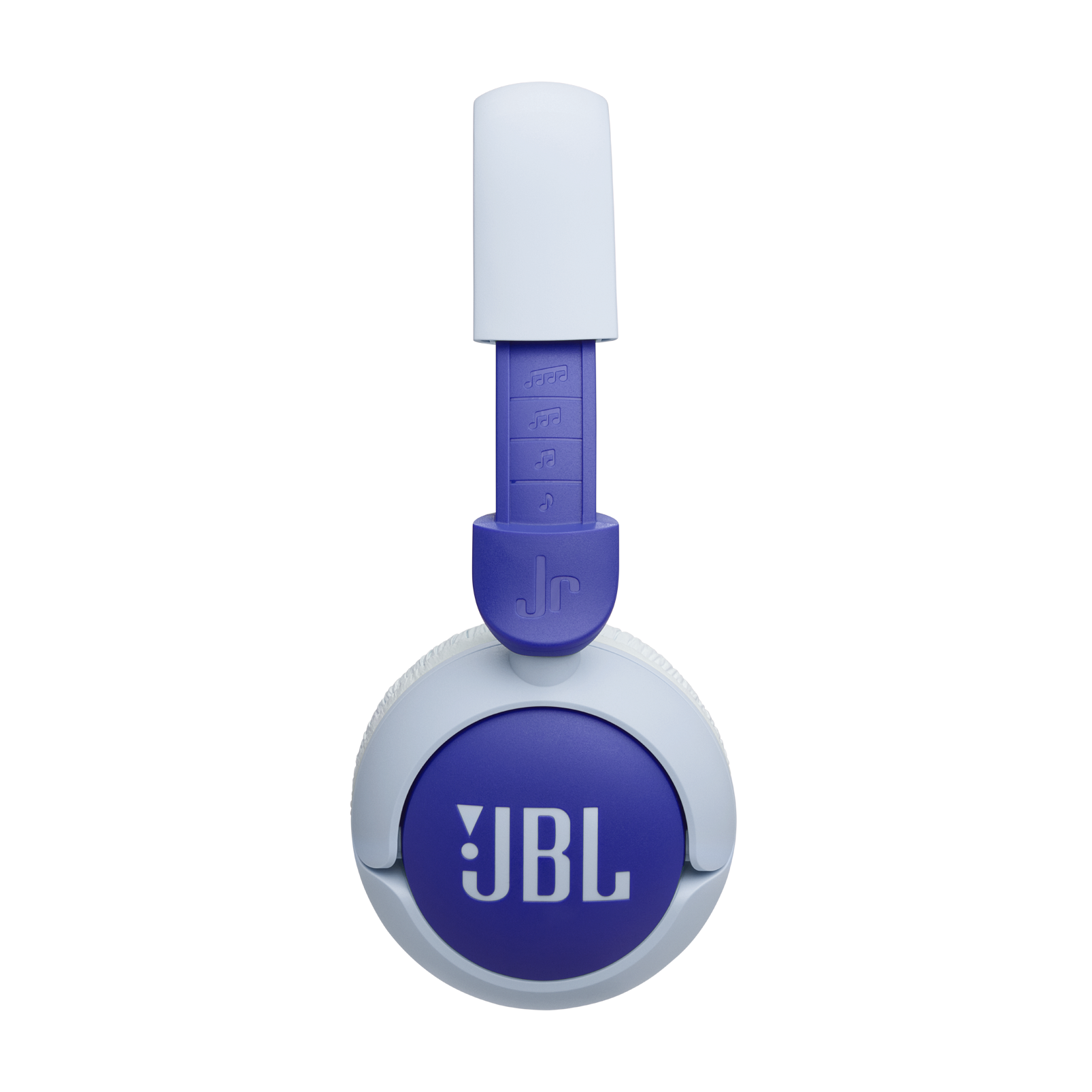 JBL logosu ve ayarı olan mavi bir parçaya sahip beyaz üst kısım kulaklıklar.