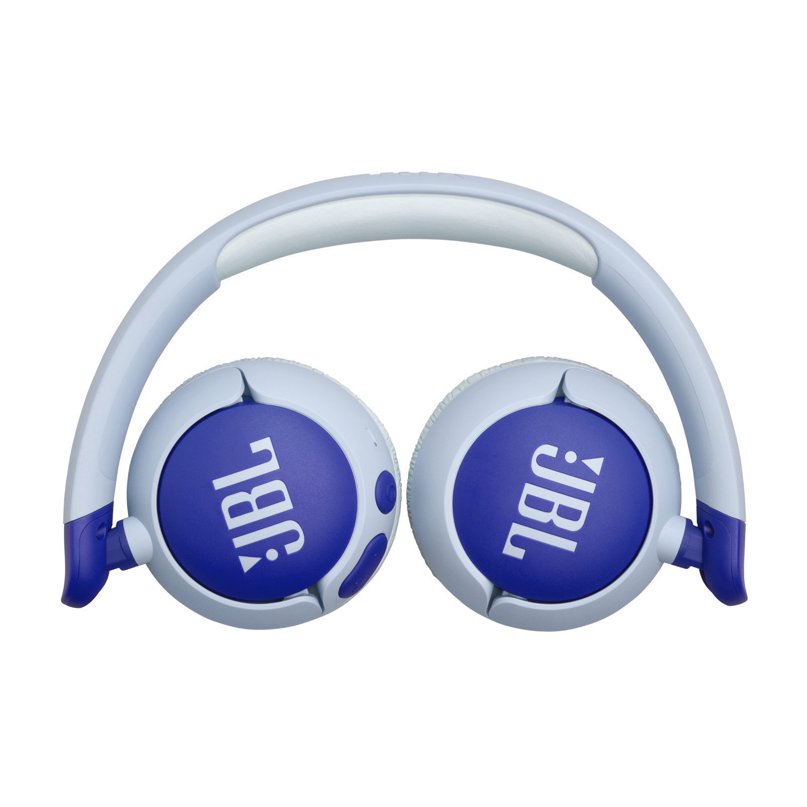 JBL logolu mavi kulaklıklar, beyaz çerçeve.