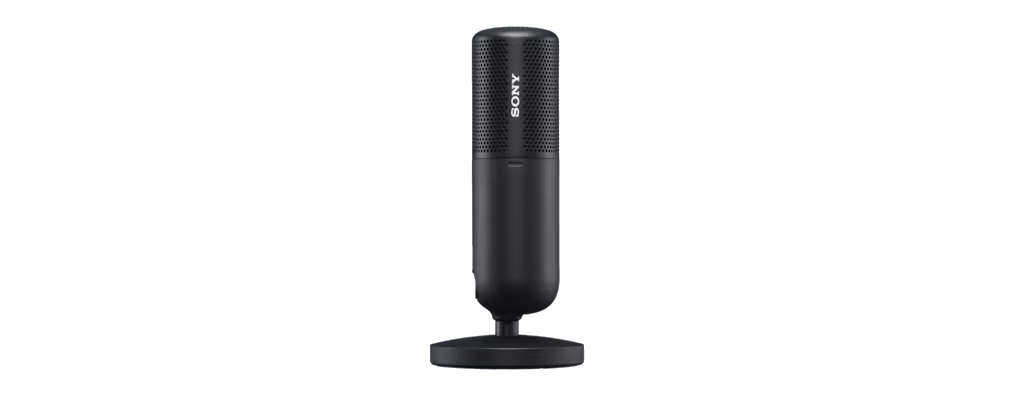 Siyah Sony mikrofon, siyah arka planda izole edilmiş bir stand üzerinde.