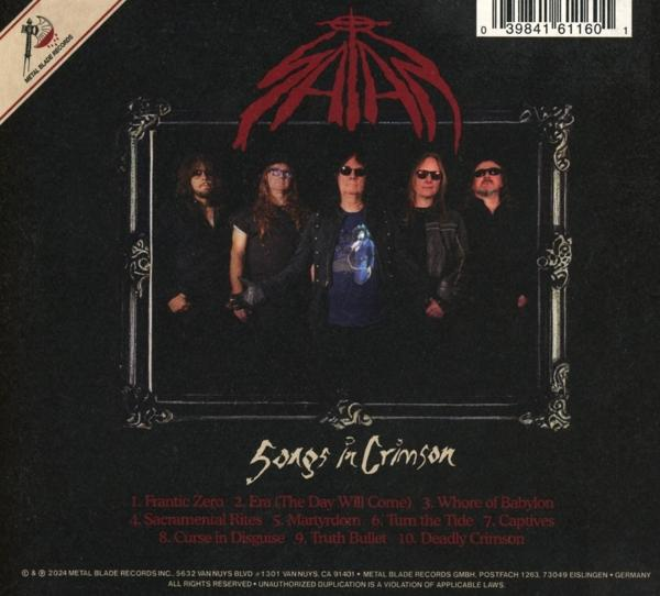 Album-Rückseite mit Bandfoto in einem Rahmen. Albumtitel 'Songs in Crimson' wird angezeigt.