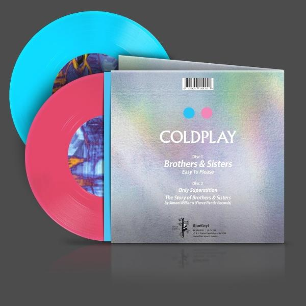 Albumcover mit zwei Vinylplatten, eine rosa, eine blau, und einer Albumhülle mit Text.
