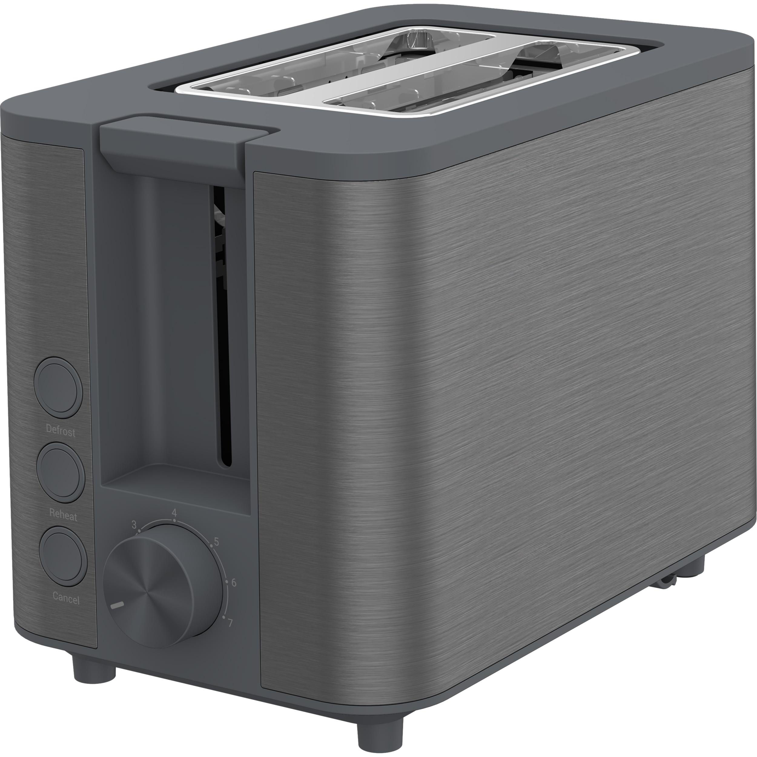 Dunkelgrauer Toaster mit Einstellrad.