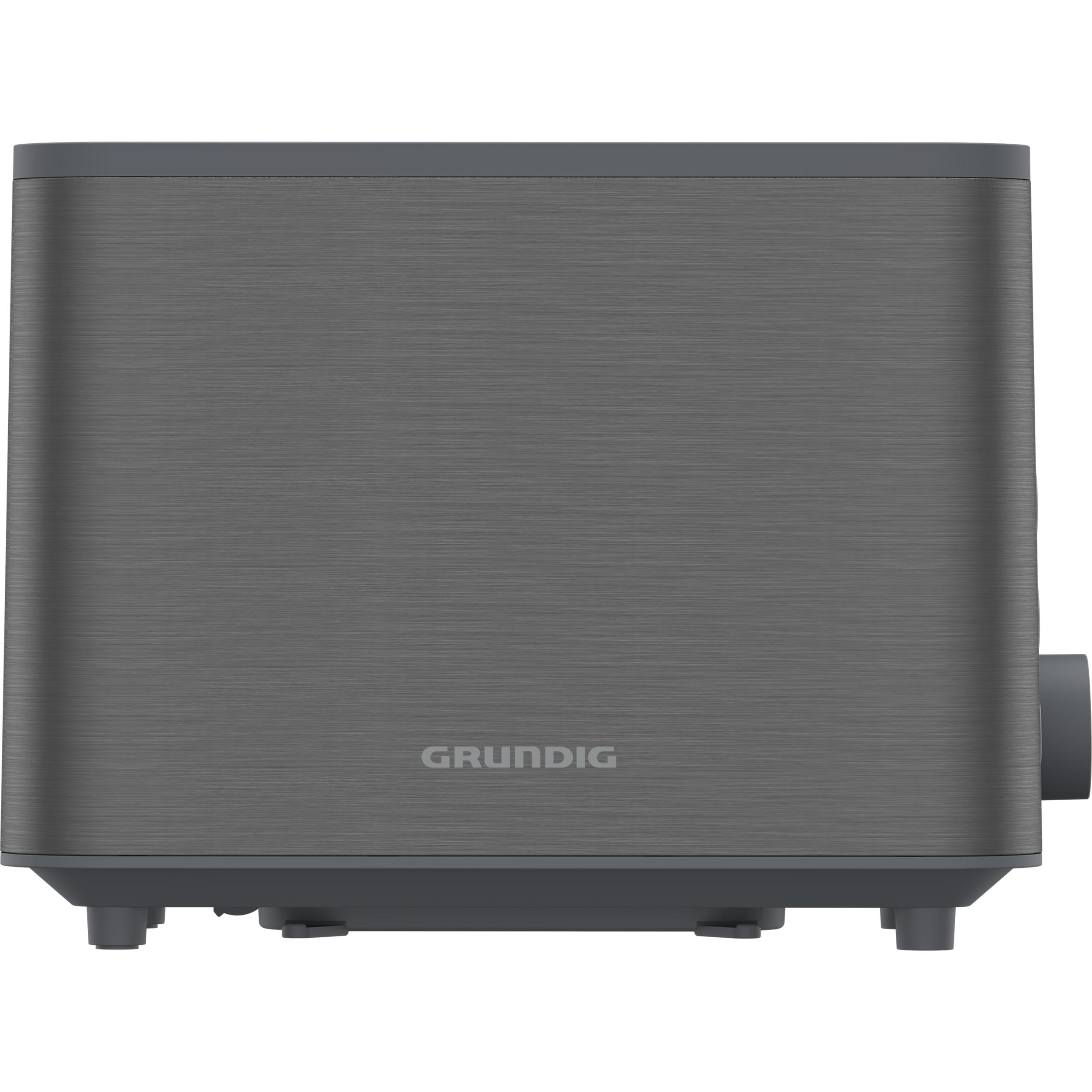 Grauer Grundig-Lautsprecher mit strukturierter Oberfläche.