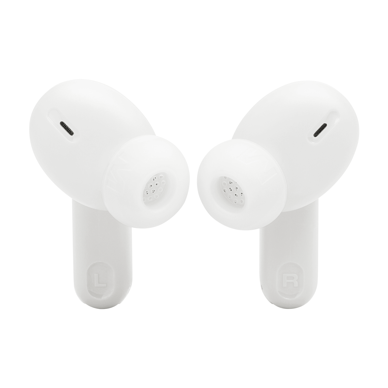 'L' ve 'R' harfleri olan beyaz bir çift JBL kulaklık.