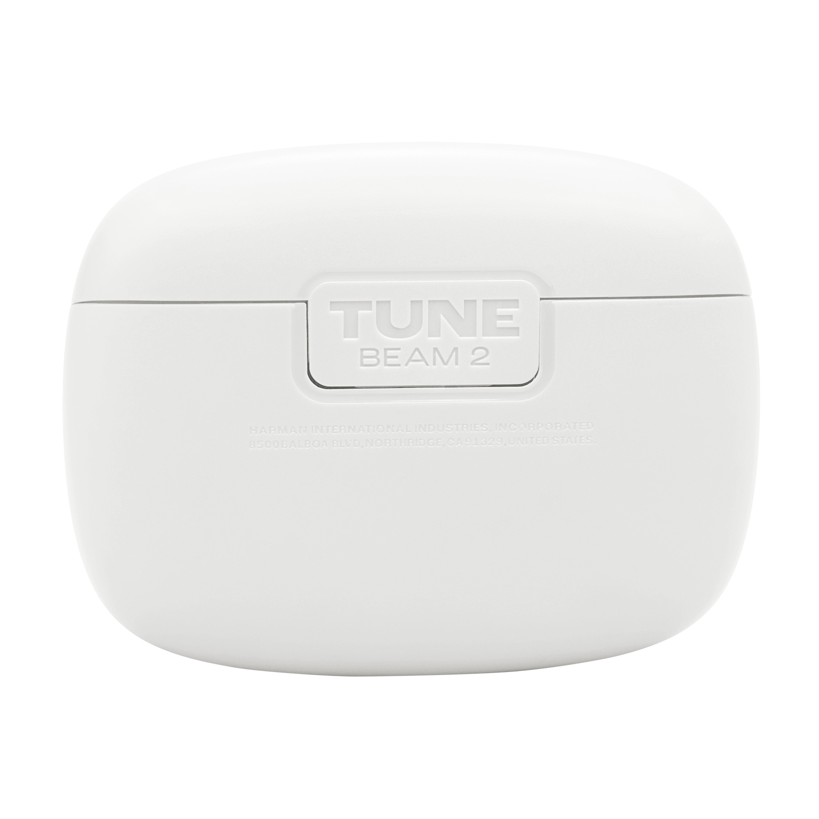 Siyah bir arka plan üzerinde beyaz JBL Tune Beam 2 şarj kutusu.