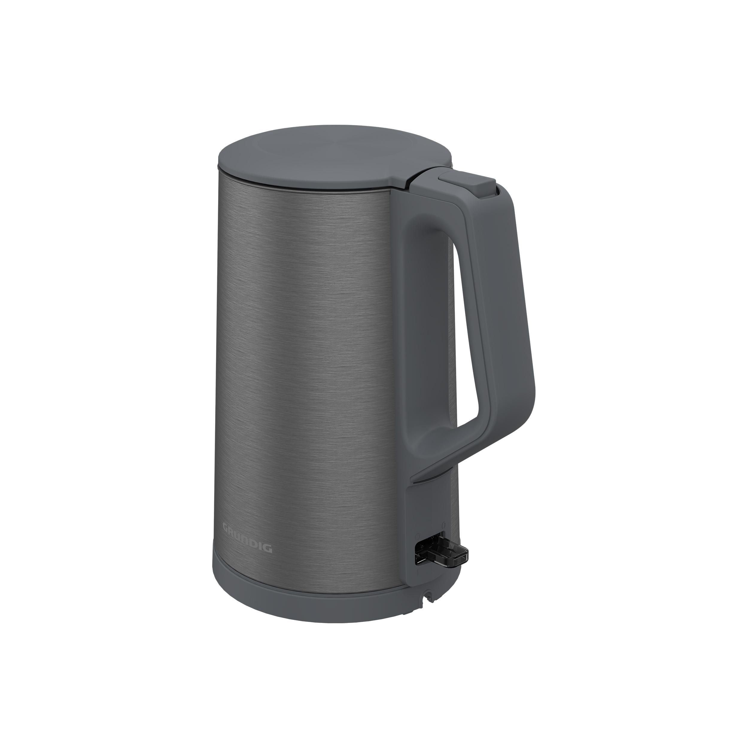 Ein silberner Grundig-Wasserkocher mit grauem Griff.