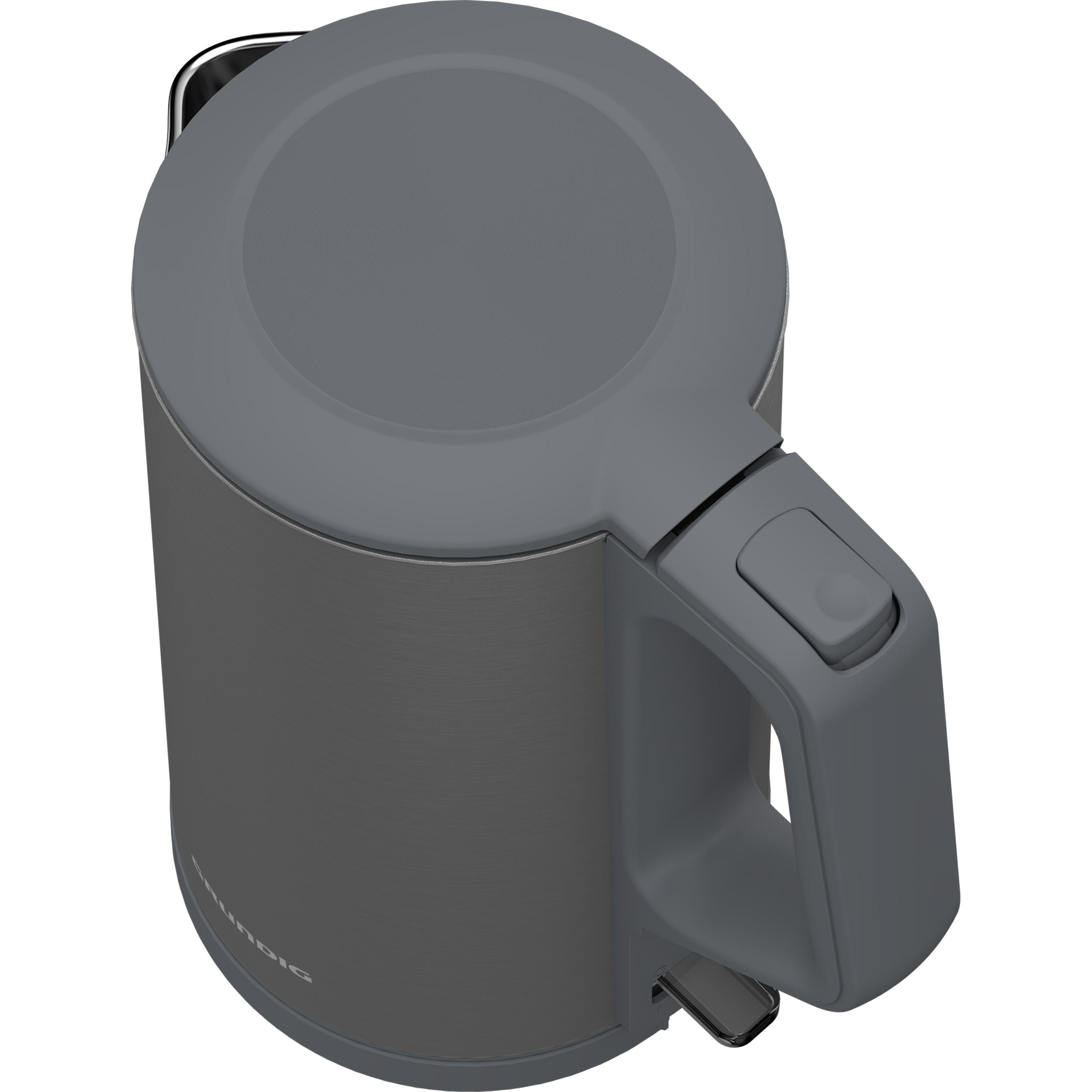 Dunkelgrauer Wasserkocher mit Griff und Deckel. Metallisches Finish, Draufsicht.