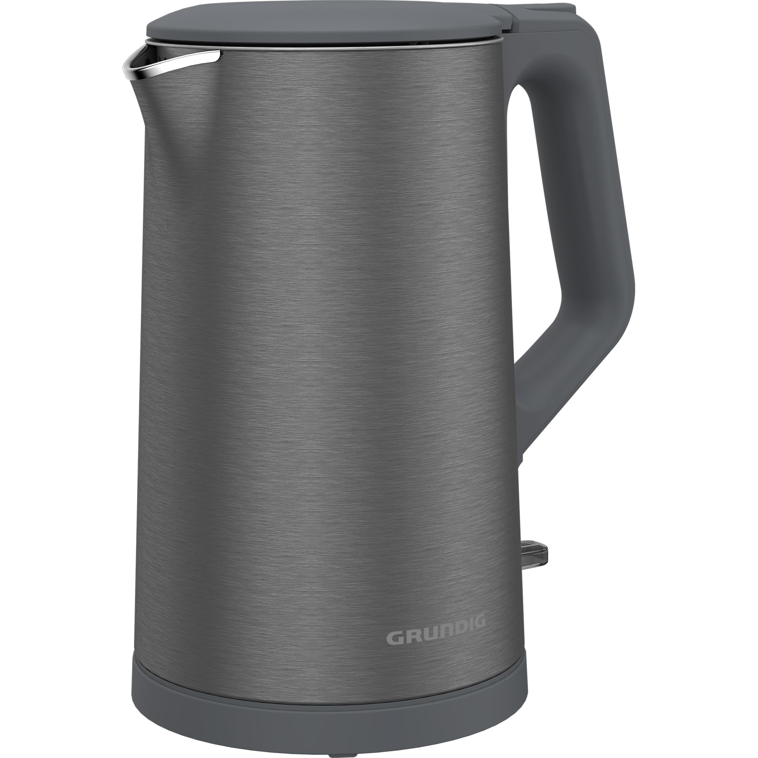 Ein silberner Grundig Wasserkocher mit grauem Griff und Deckel.