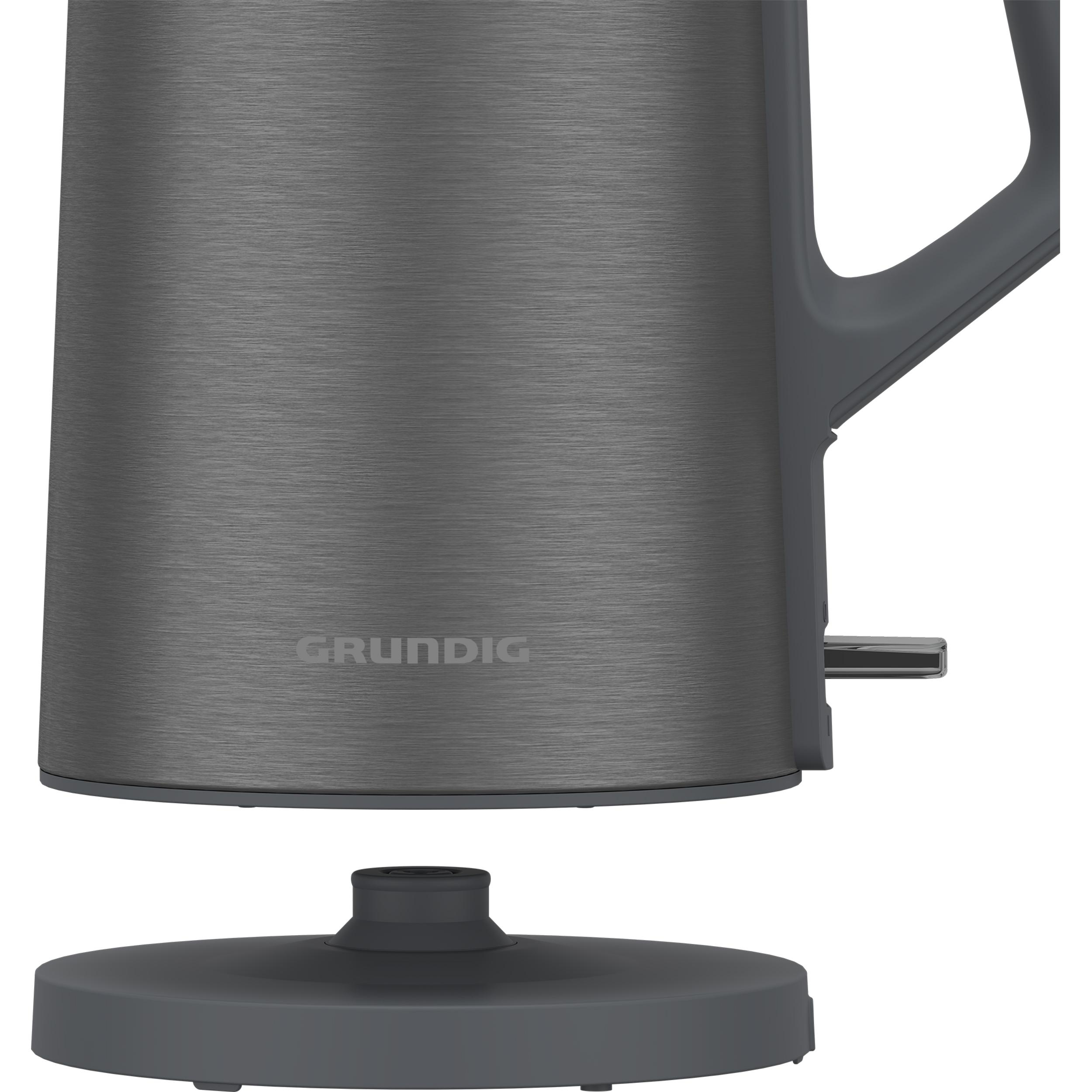 Grauer Grundig-Wasserkocher, vom Sockel getrennt. Der Sockel ist grau, mit dem Markennamen an der Seite.