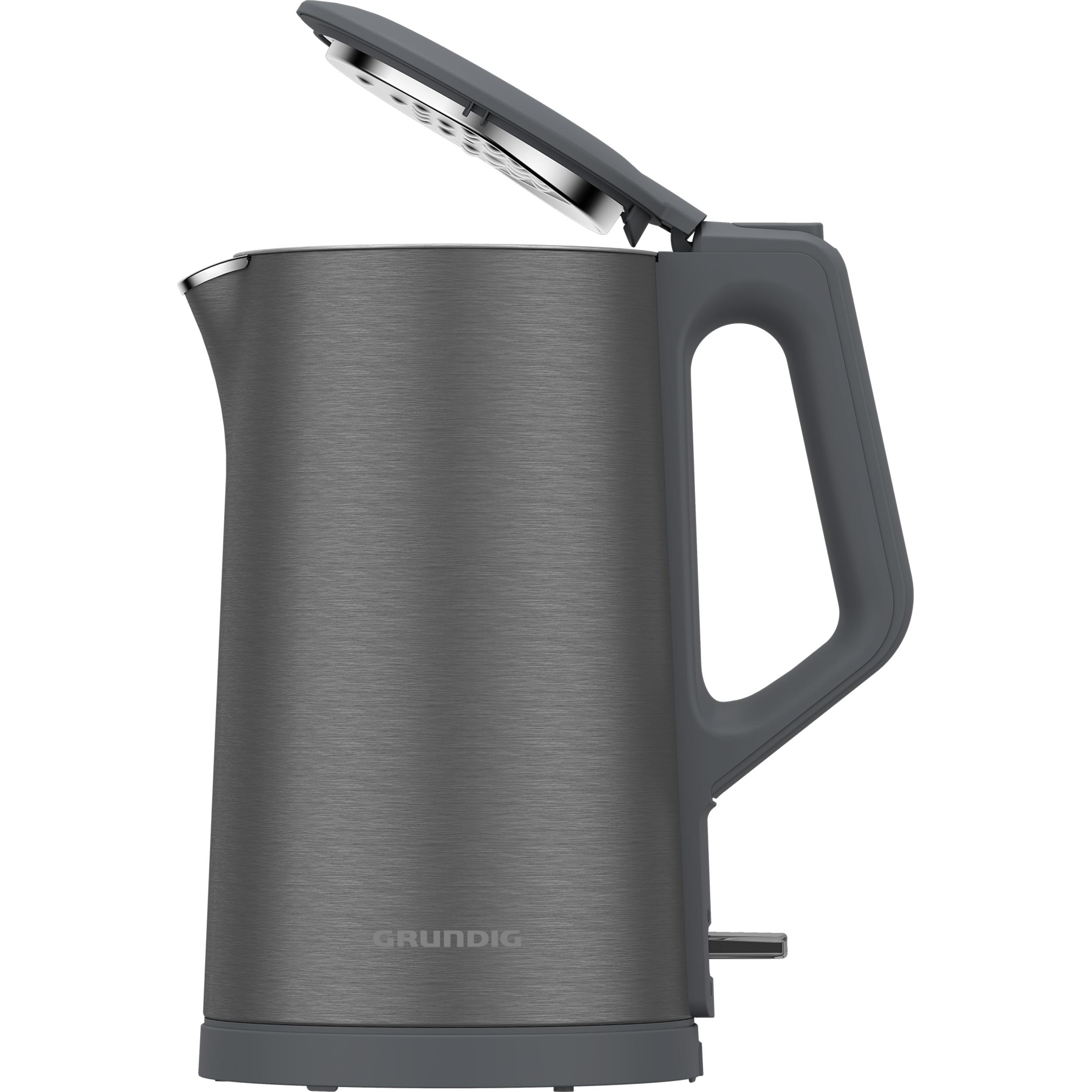Grauer Grundig-Wasserkocher mit geöffnetem Deckel. Griff und Deckel sind grau. Der Markenname ist sichtbar.