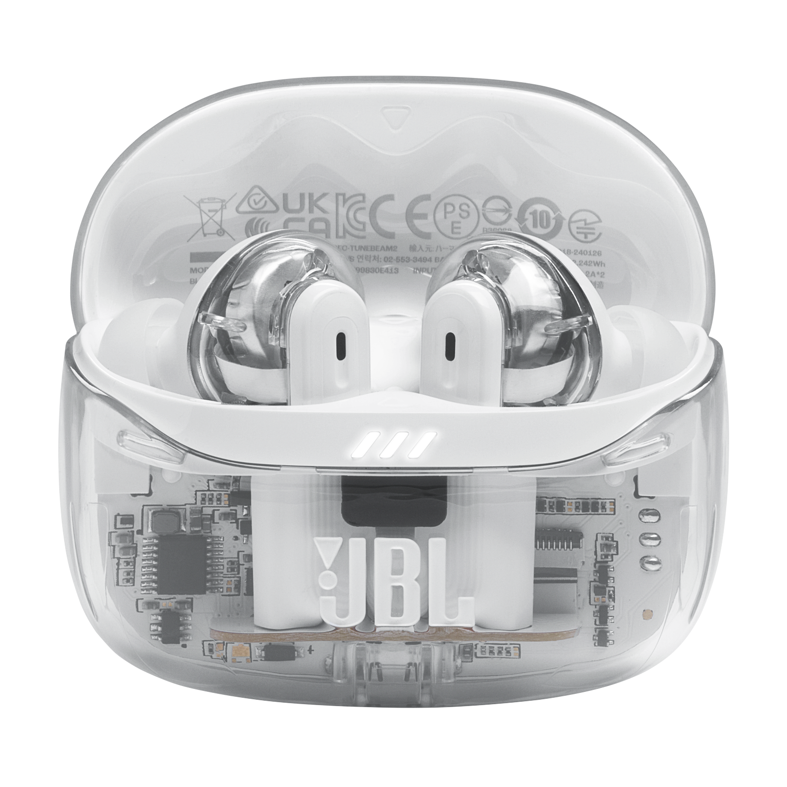 Şeffaf kılıf, JBL kulaklıklar ve görünür bileşenler. Beyaz kulaklıklar içinde, JBL logosuyla.