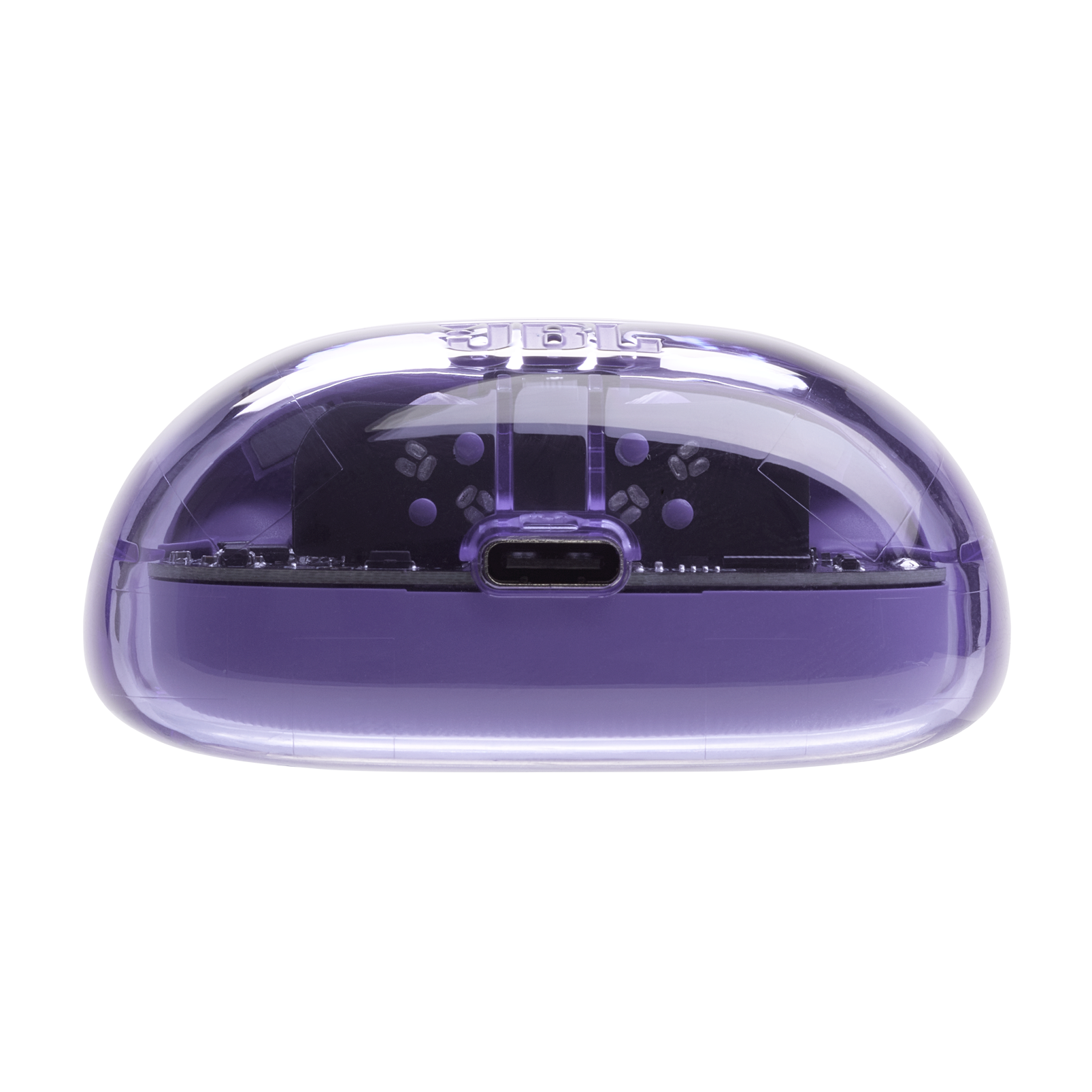 JBL logosu ve USB-C bağlantı noktası olan mor şeffaf kasa.