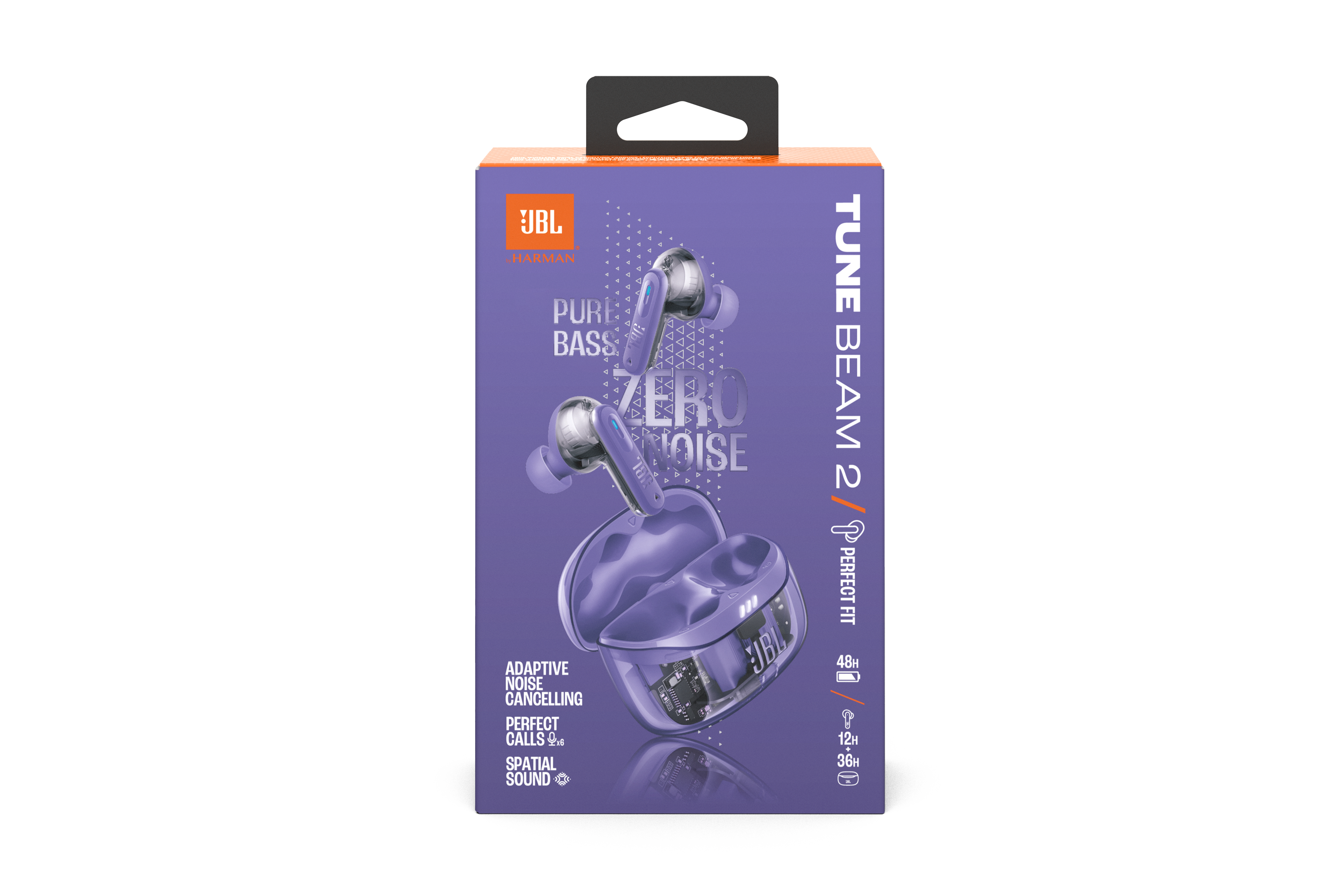 Kutulu JBL Tune Beam 2 kulaklık, mor. Sıfır gürültü özelliği.