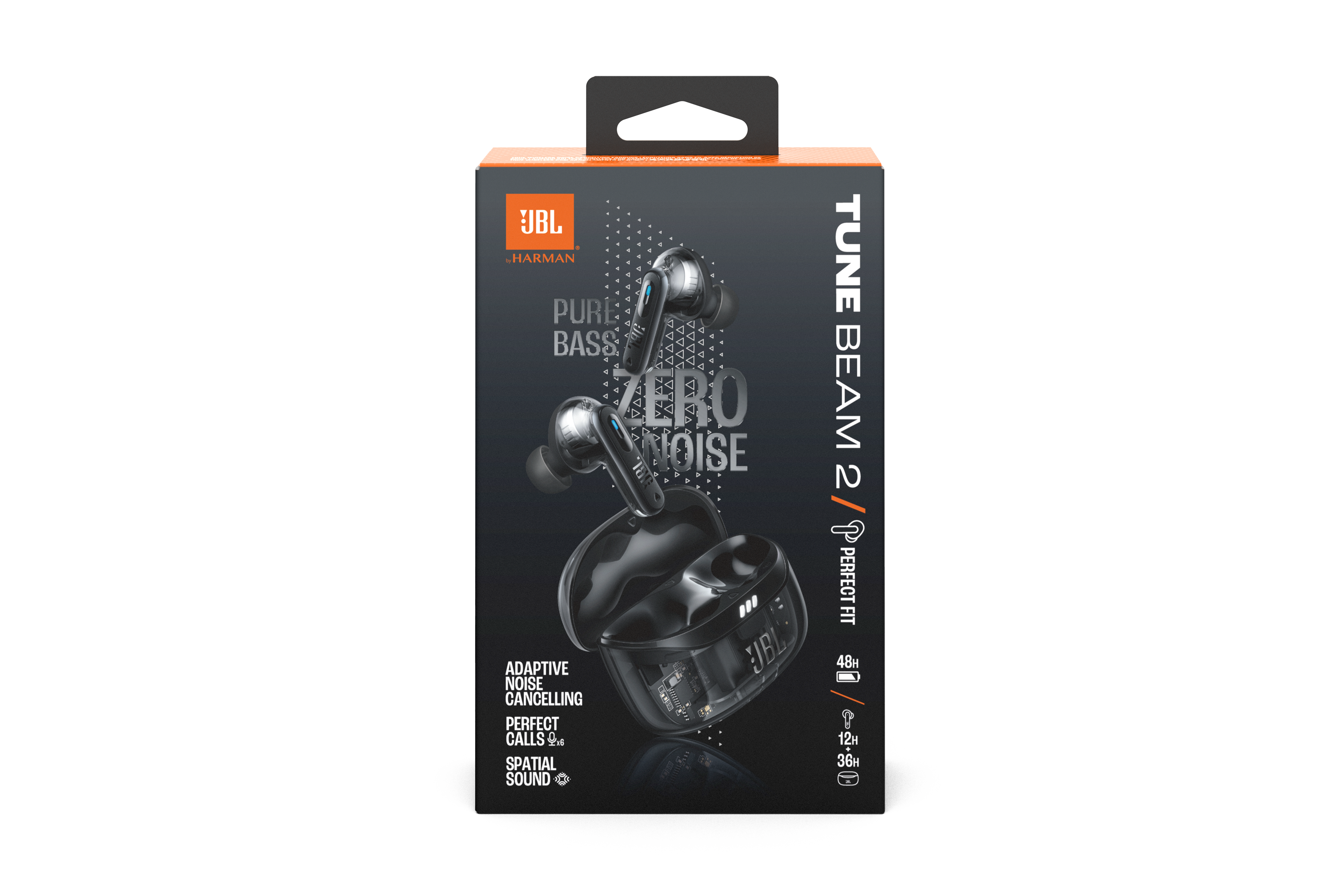 JBL Tune Beam 2 kulaklık kutusu. Siyah, turuncu ve beyaz. Kulaklıklar ve kılıf gösteriliyor.