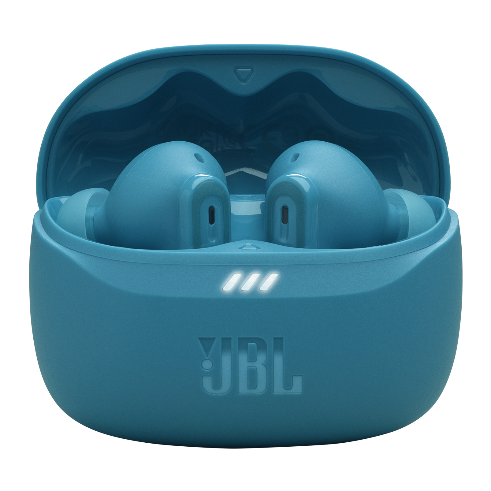 Açık bir şarj kutusunda turkuaz JBL Tune Beam kulaklıkları.