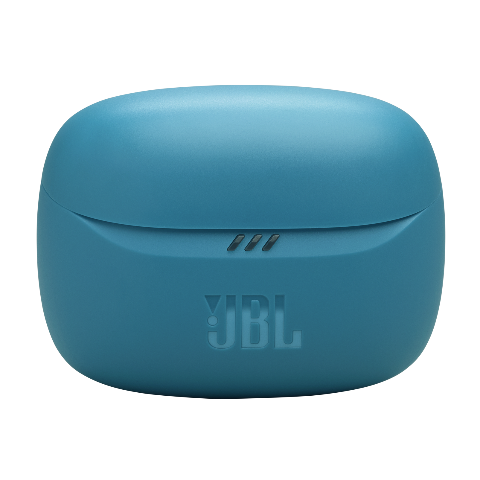 Kapalı, deniz mavisi bir JBL kulaklık kutusu. JBL logosu ön tarafta kabartmalı.