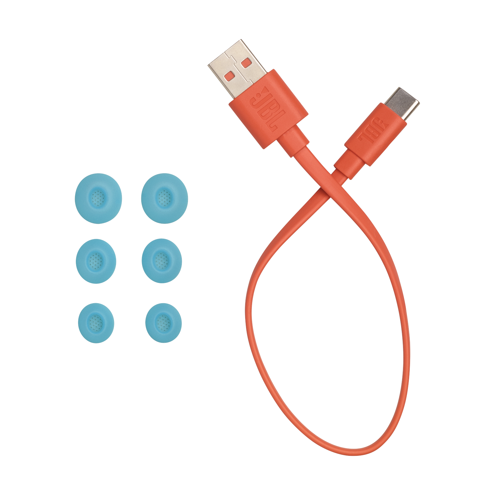Kulak uçları ve kırmızı bir USB-C kablosu. Kulak uçları mavidir.
