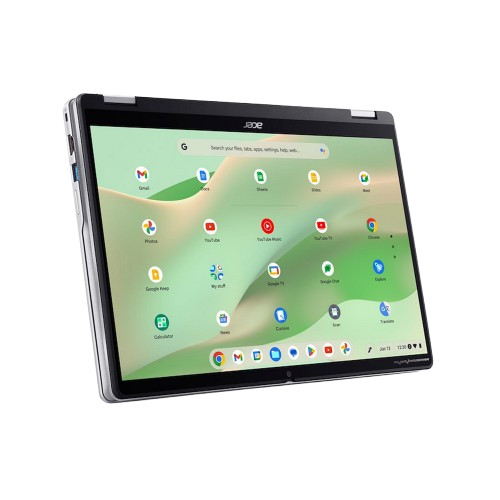 Portátil Acer Chromebook, abierto, mostrando una pantalla con iconos de aplicaciones, vista en ángulo, cuerpo plateado.