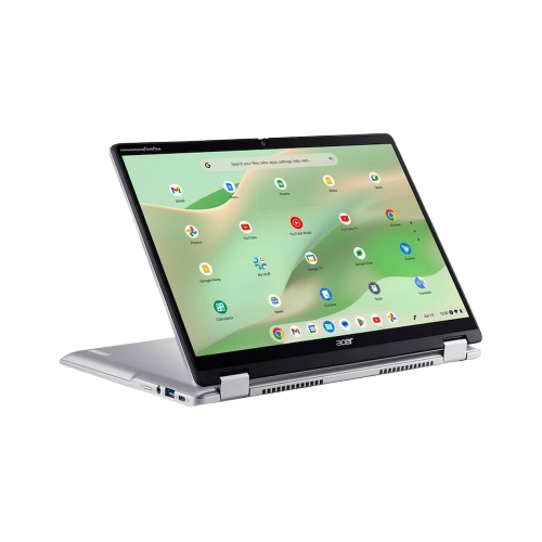 Chromebook Acer plateado con bisagra de 360 grados, iconos de aplicaciones en la pantalla.
