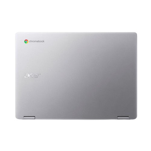 Ordenador portátil plateado, vista superior. El logotipo de Acer es visible. La pantalla está cerrada.