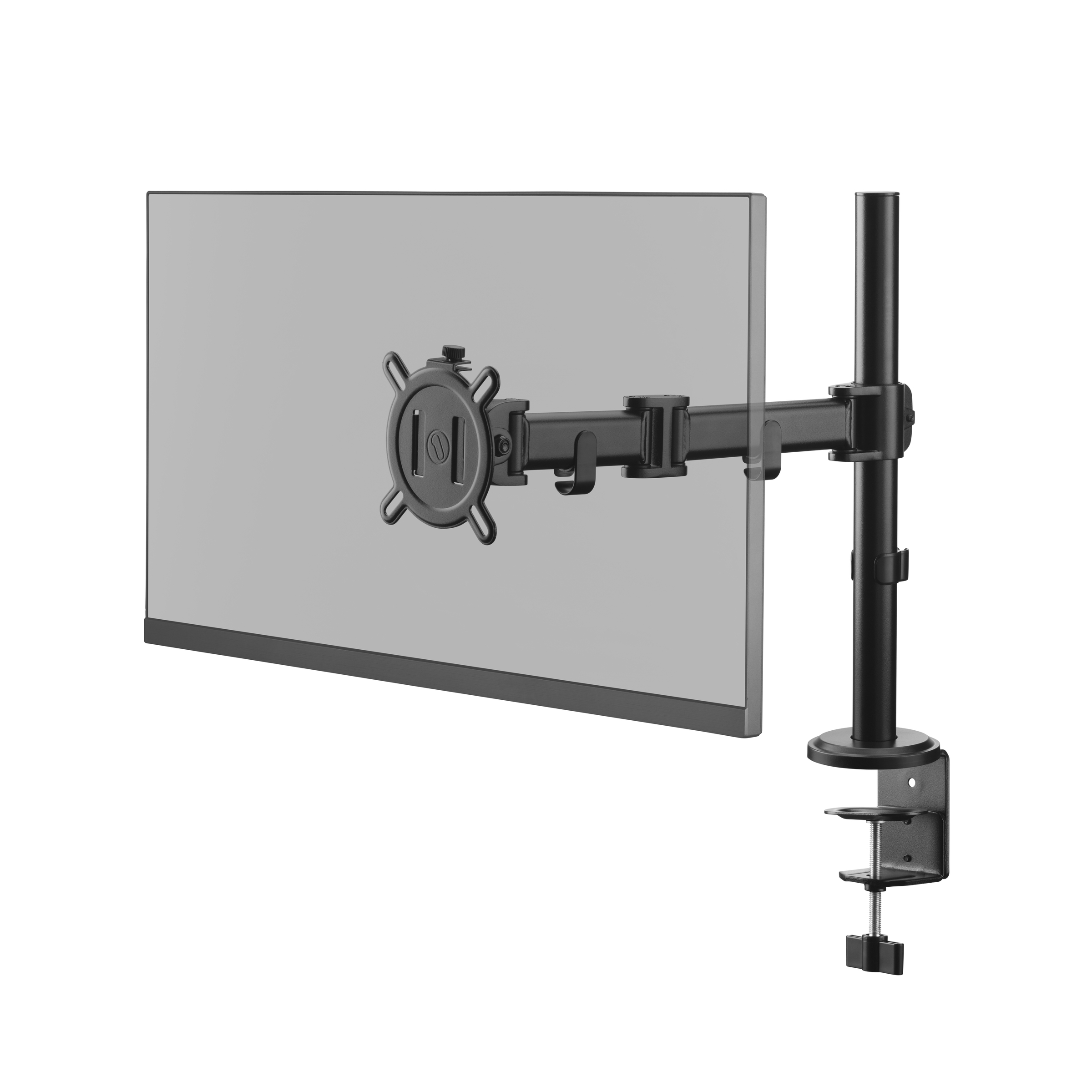 Ein Computermonitor, montiert an einem schwarzen Arm, der an einer Klemme befestigt ist.