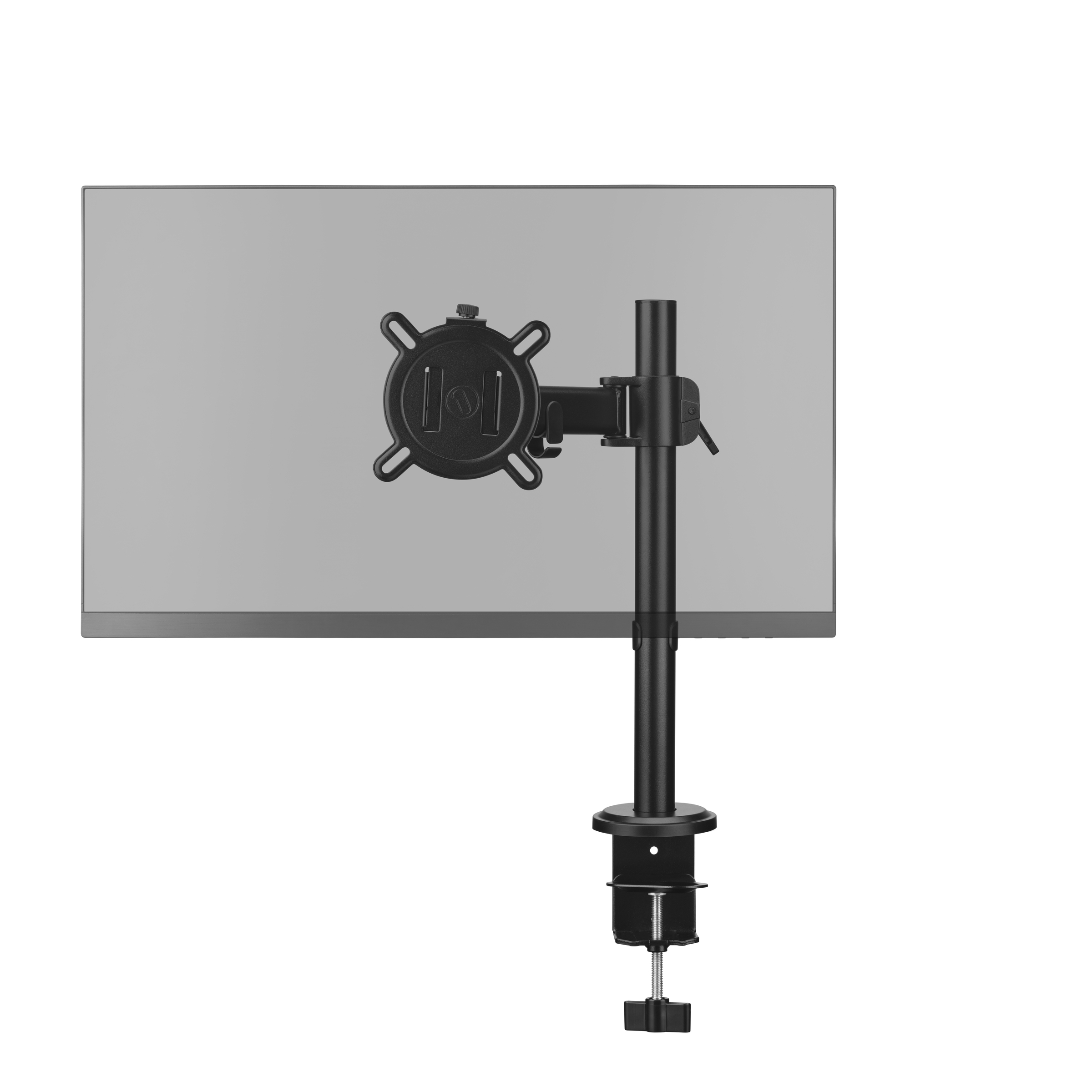 Schwarzer Monitorständer mit verstellbarem Arm.