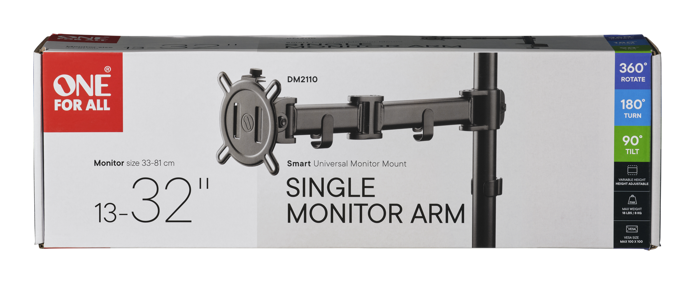 Karton für einen einzelnen Monitorarm, mit Text und Produktinformationen.