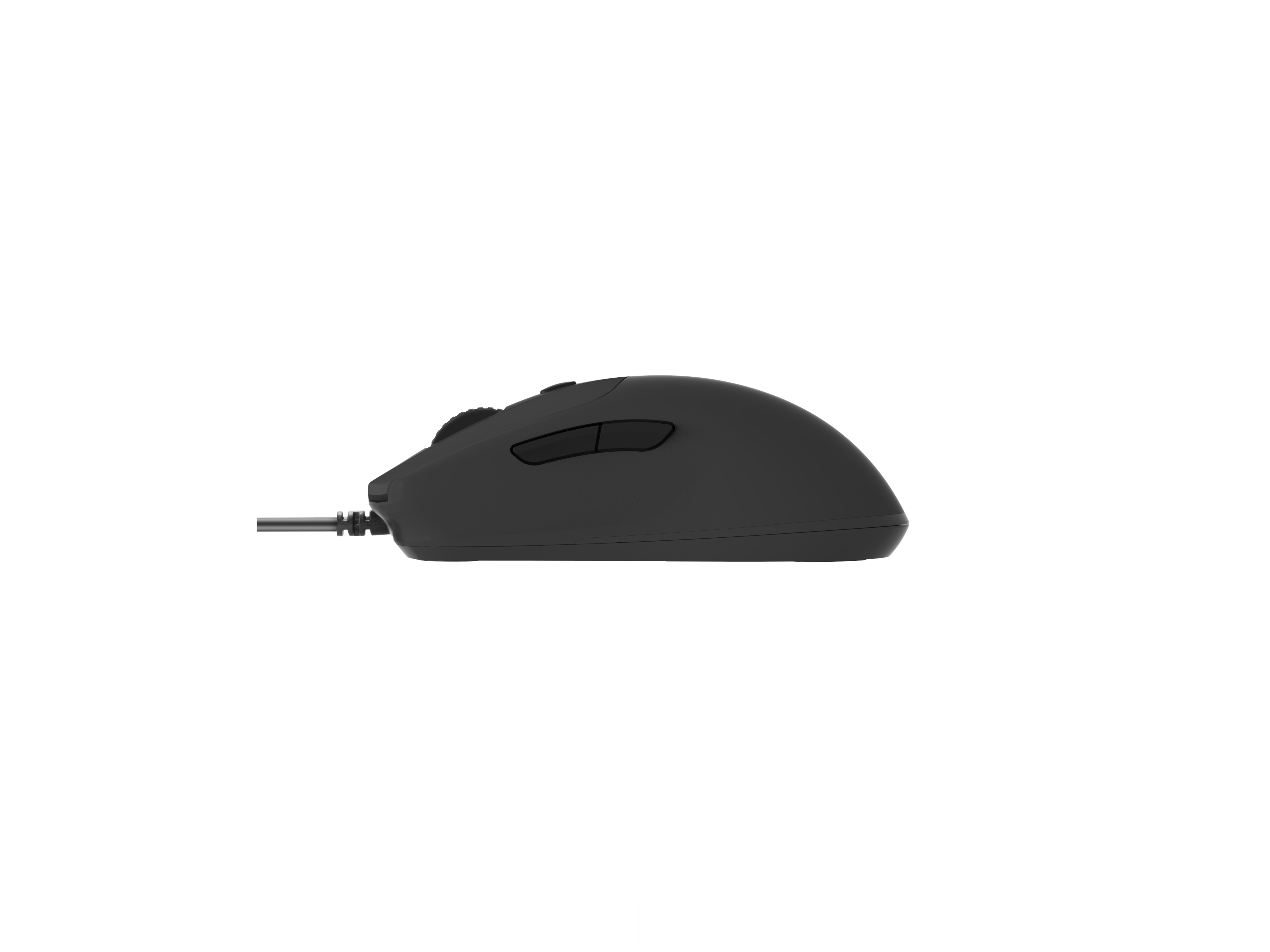 Eine schwarze Computermaus mit zwei Tasten und einem Kabel, Seitenansicht.
