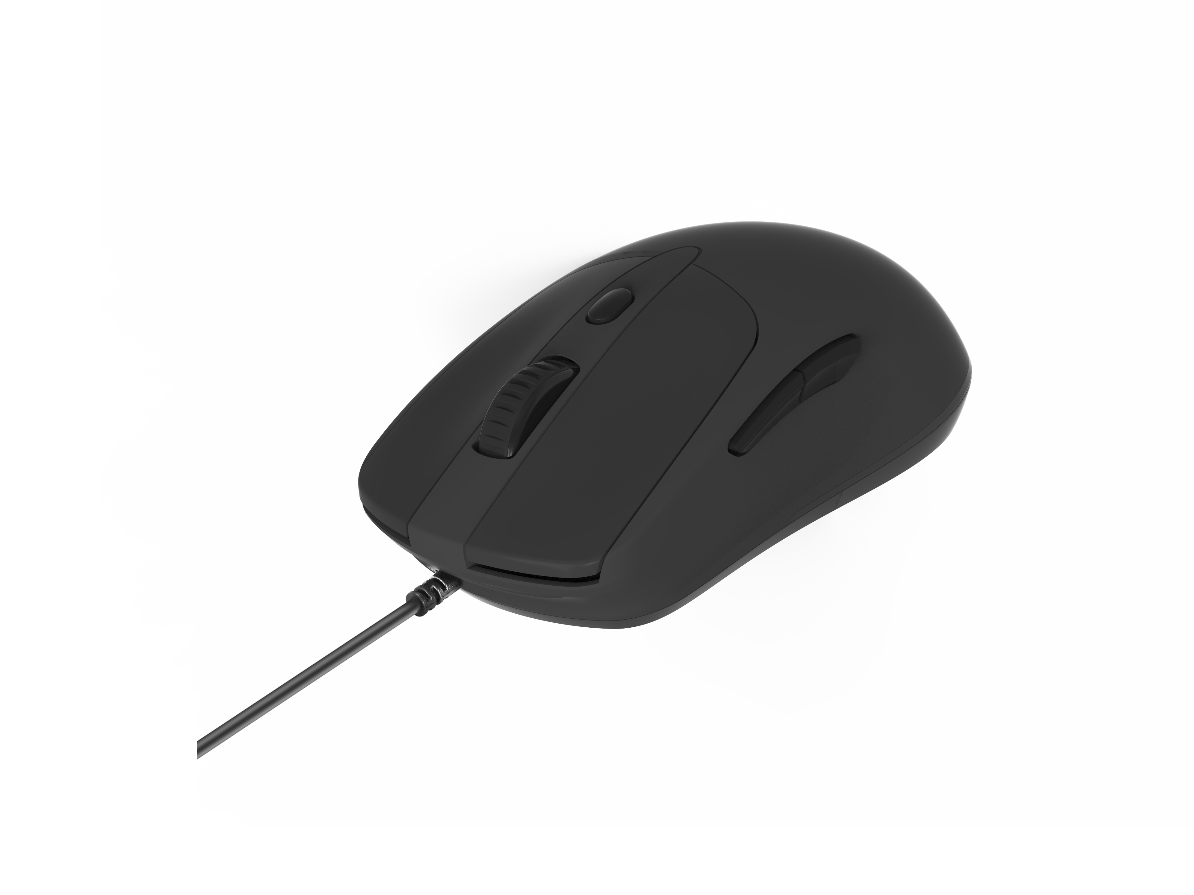 Eine schwarze Computermaus mit einem Scrollrad und zwei Tasten, Draufsicht.