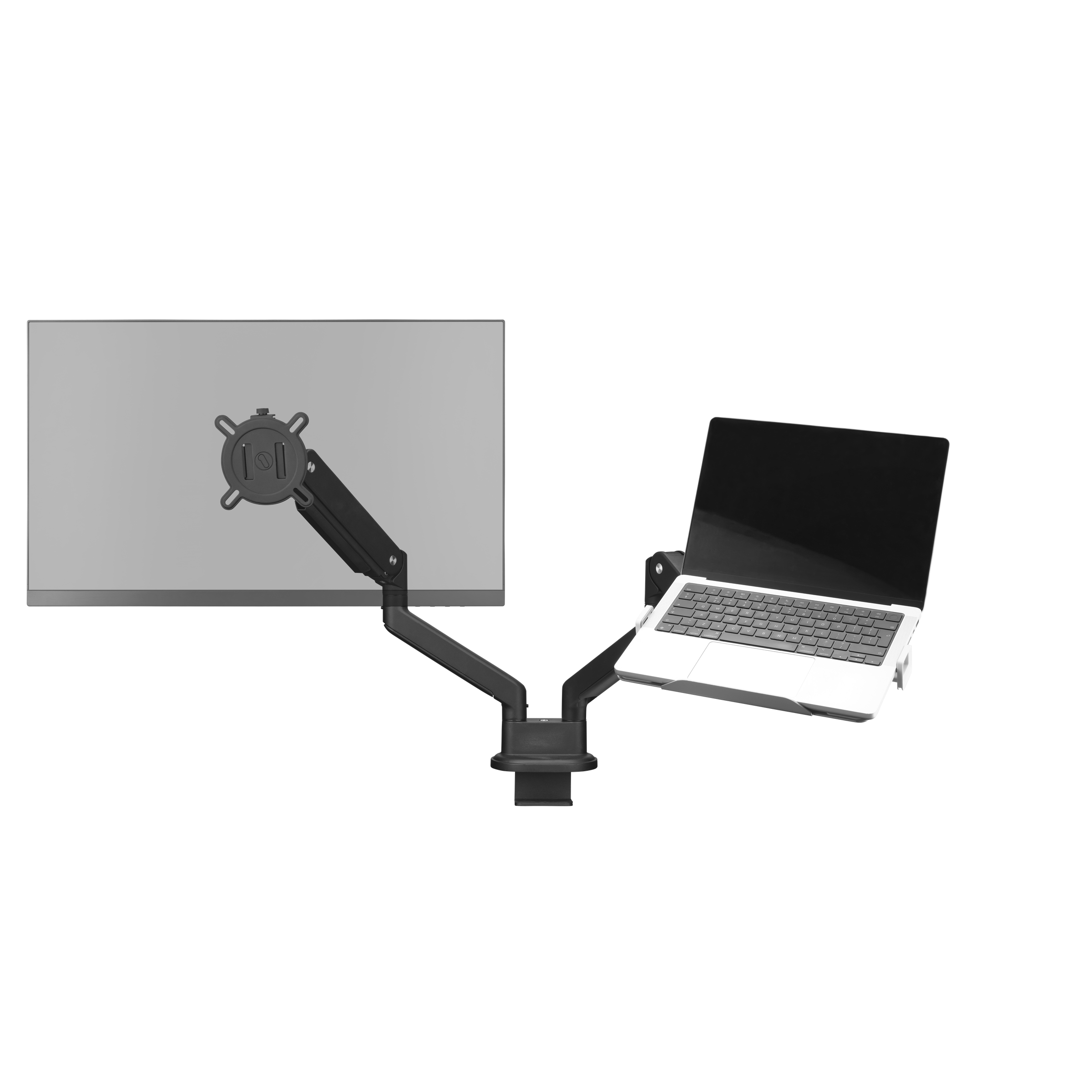 Monitor und Laptop auf schwarzem Arm montiert, vor weißem Hintergrund.