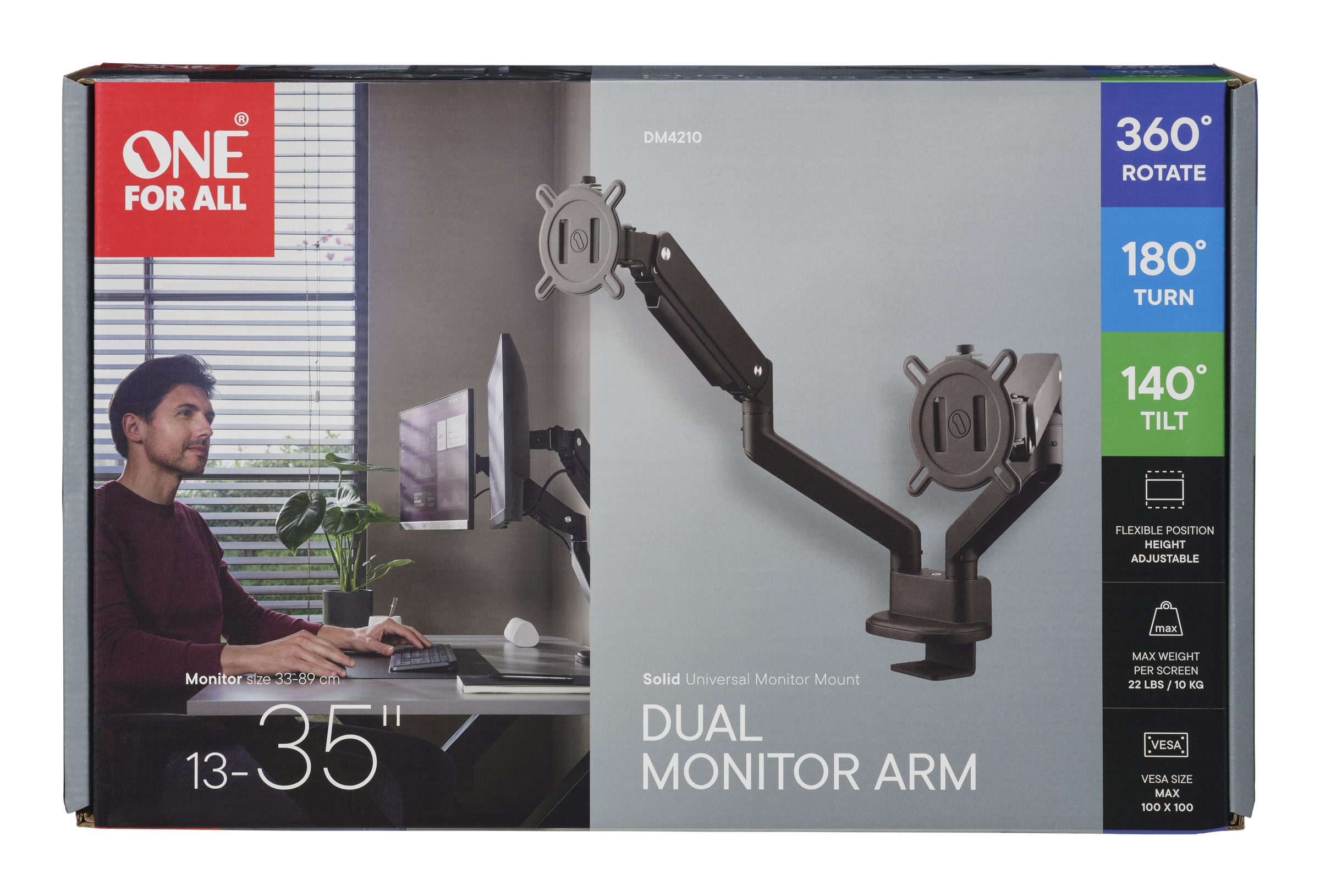 Eine Produktbox für einen Doppelmonitorarm wird gezeigt, mit einem Mann, der an einem Computer arbeitet, vor weißem Hintergrund.