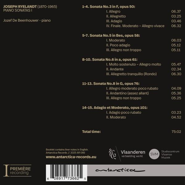 CD-Booklet mit Klaviersonaten von Joseph Ryelandt. Schwarzer Text, weißer Hintergrund.