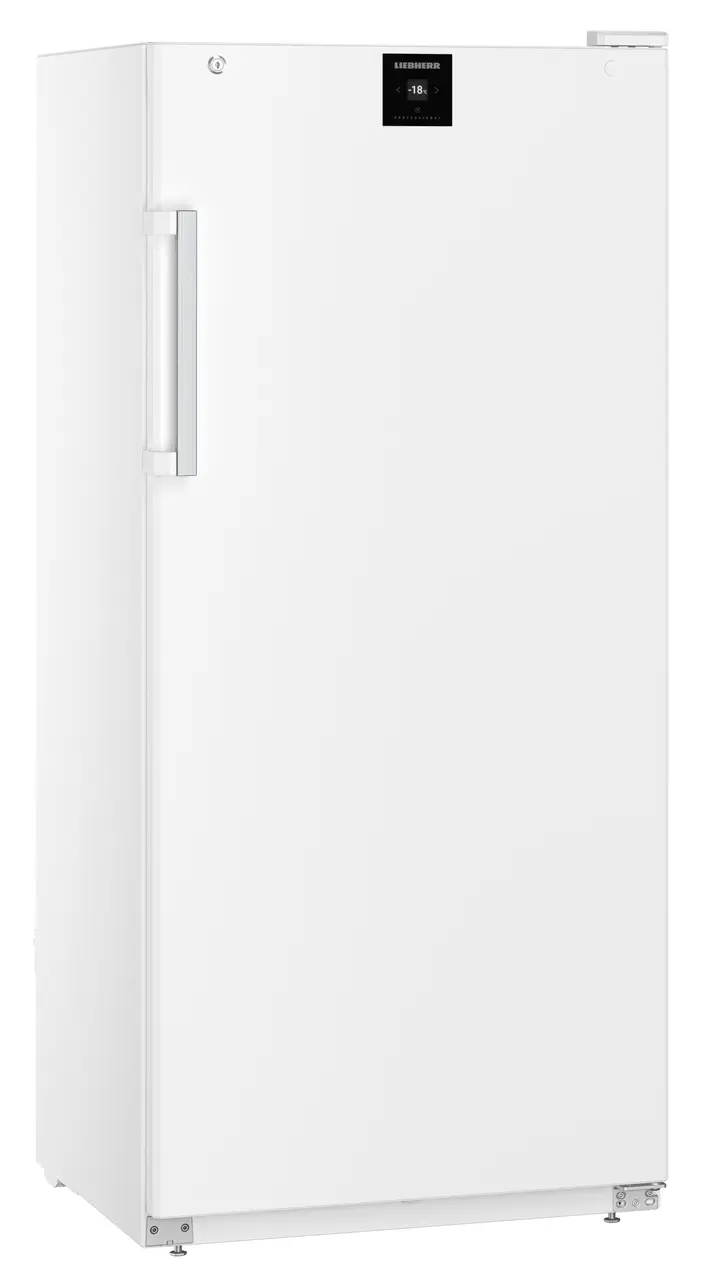 Weißer Liebherr Kühlschrank. Weißer Korpus, schwarzes Bedienfeld. Weißer Hintergrund.