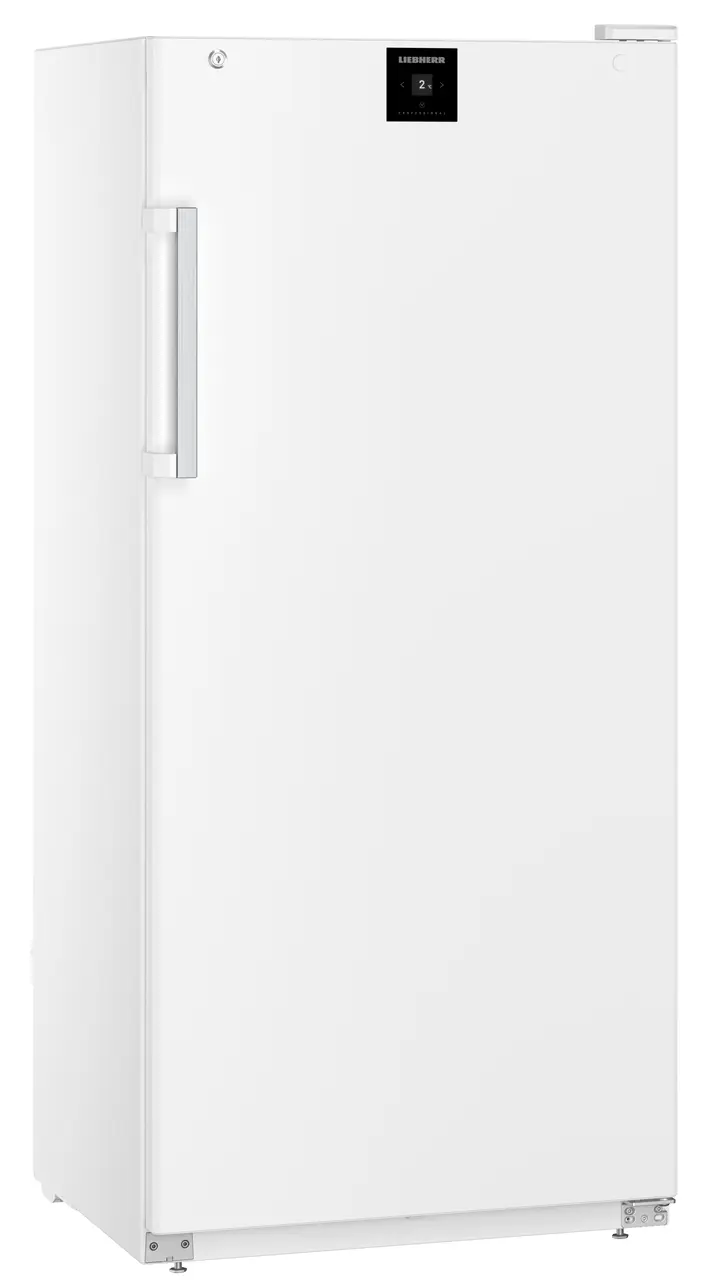 Weißer Liebherr Kühlschrank. Weißer Korpus, schwarzes Bedienfeld. Weißer Hintergrund.