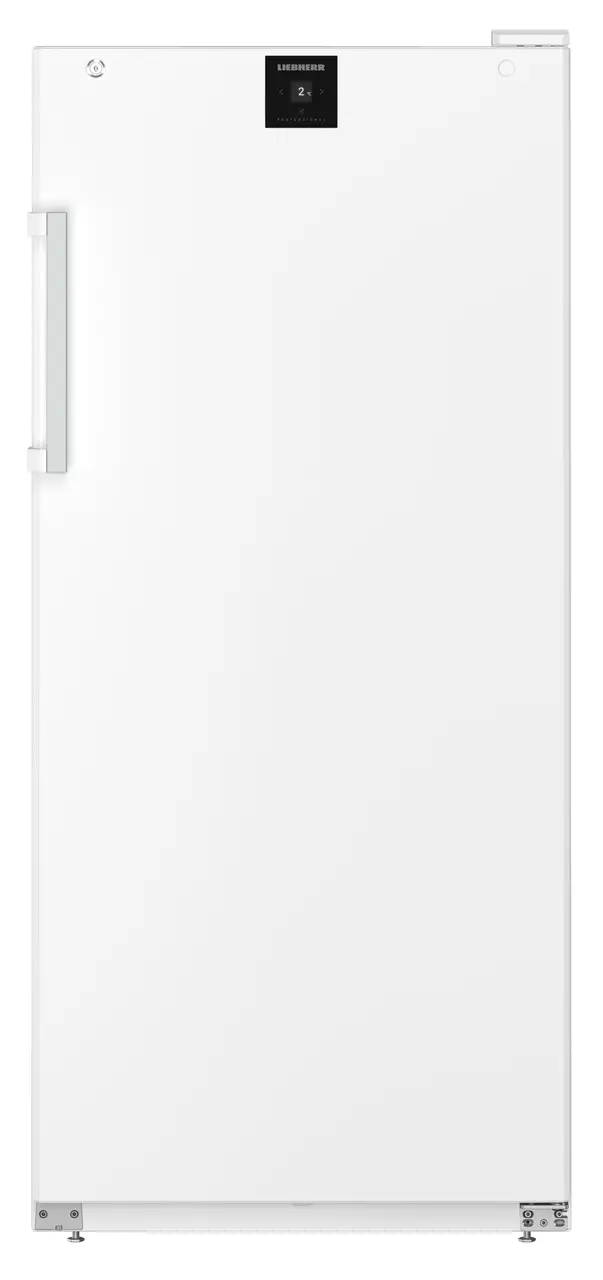 Weißer Liebherr Kühlschrank. Weißer Korpus, schwarzes Bedienfeld. Weißer Hintergrund.