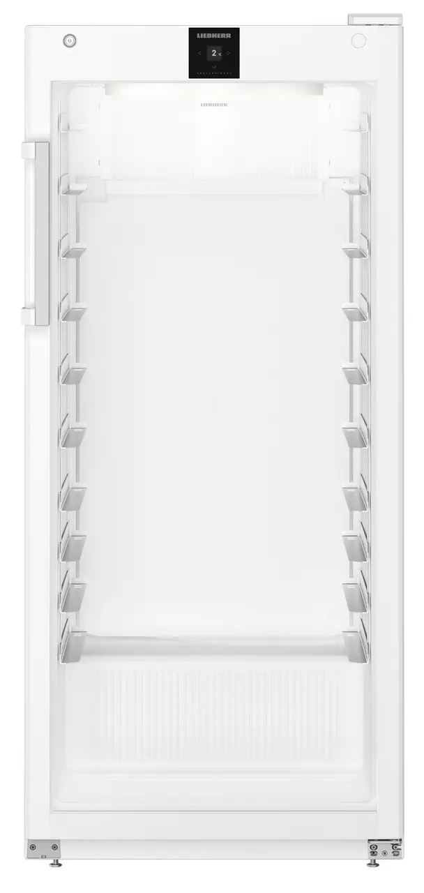 Weißer Kühlschrank mit offener Tür, leerer Innenraum und Regalhalter sichtbar.