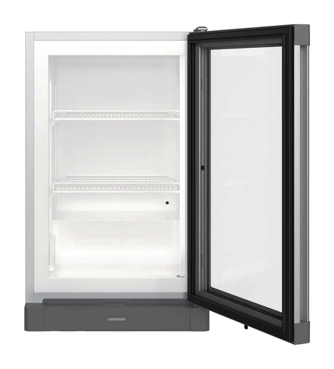 Kühlschrank mit offenem, schwarzem Türrahmen, Innenregale sichtbar.