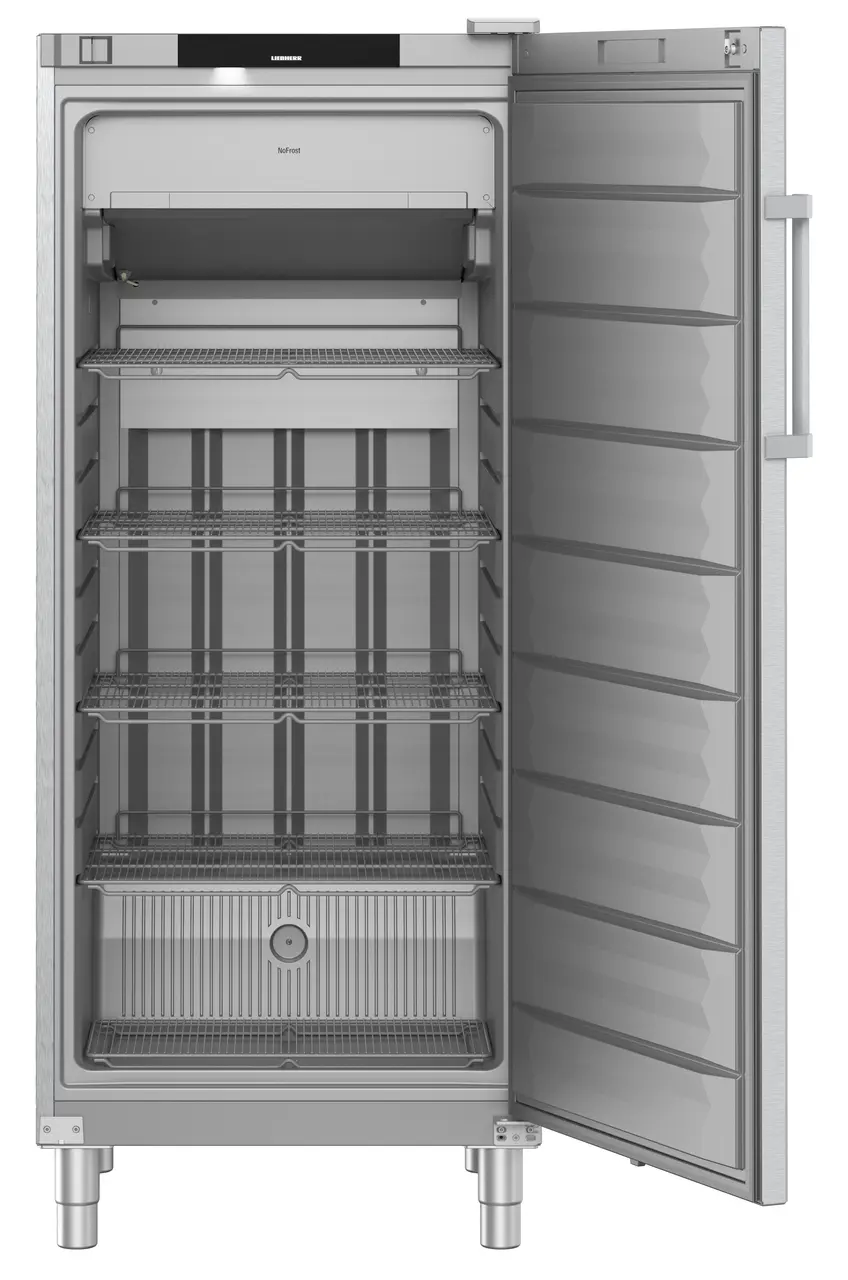 Silberner Kühlschrank mit offener Tür, Innenregale und Lebensmittellagerung sichtbar.