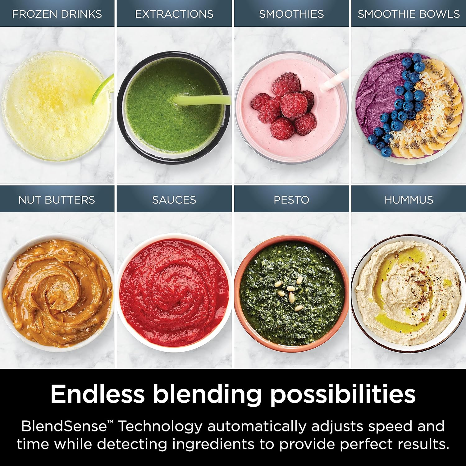 Bild verschiedener gemixter Lebensmittel wie Smoothies, Saucen, Pesto und Hummus in Schalen.