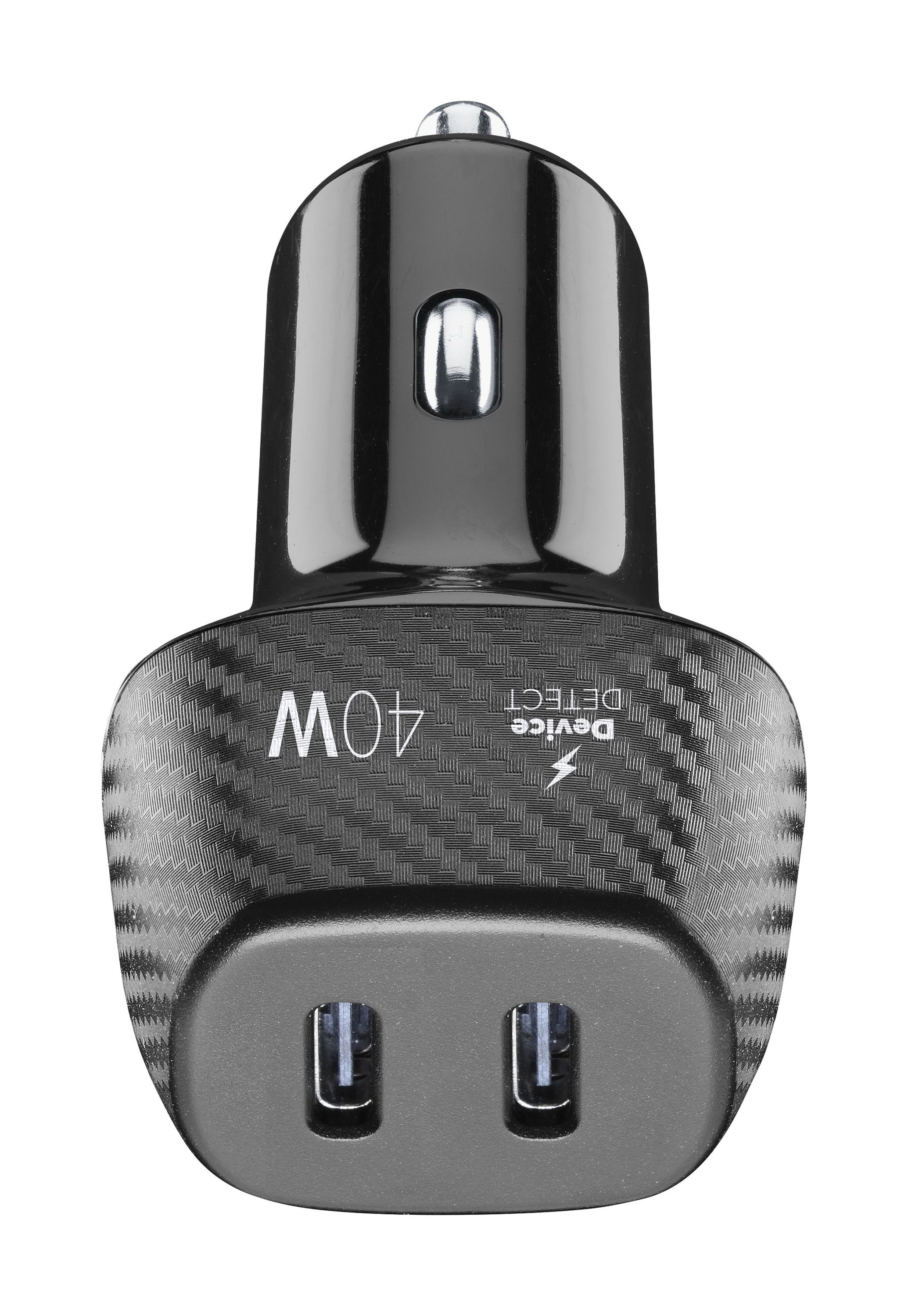 İki USB portlu ve 40W yazılı siyah bir araç şarj cihazı.