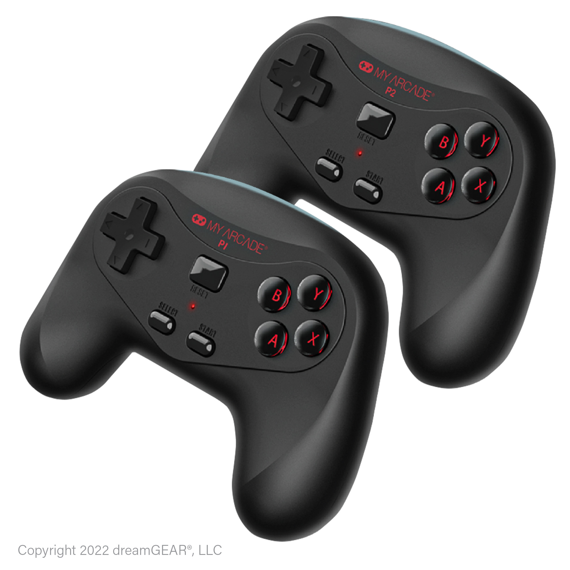Düğmeli iki siyah oyun kumandası. My Arcade P2 logosuyla markalandırılmış.