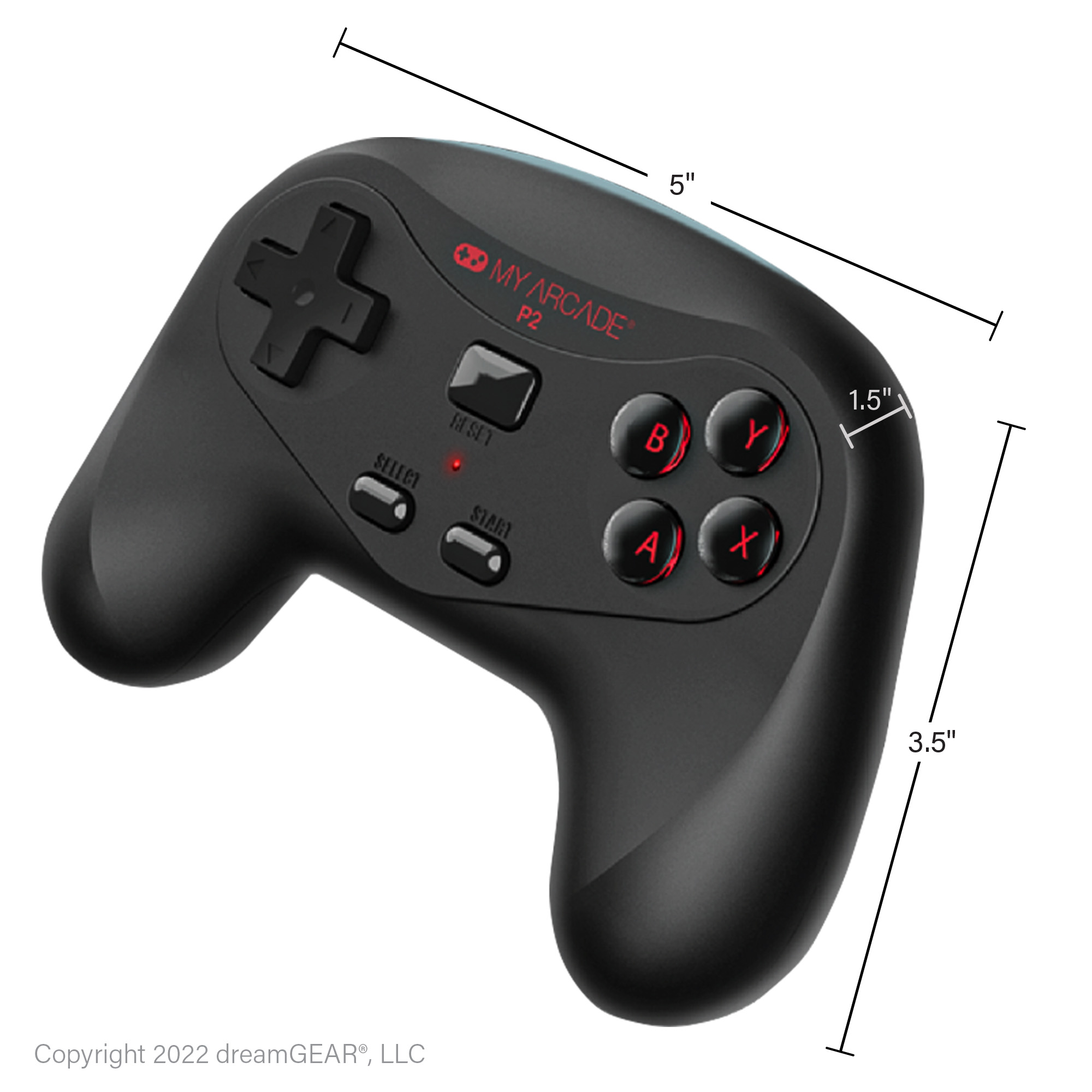 Boyutları ve kırmızı düğme etiketleri olan siyah MyArcade P2 denetleyicisi.