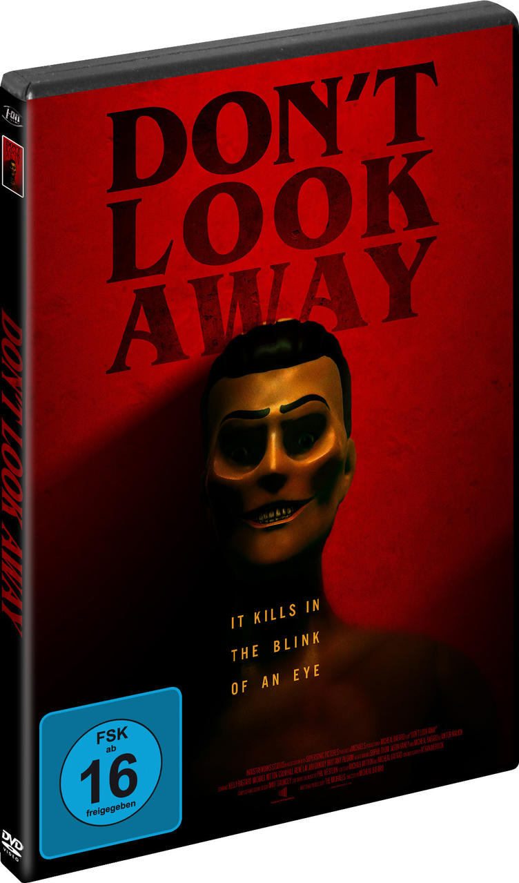 DVD-Hülle mit gruseligem Gesicht und Text. Roter Hintergrund. Titel ist 'DON'T LOOK AWAY'.